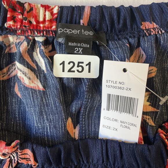 Paper Tee Women Dress 2X Navy Floral A-Line Belted Short Sleeve Off Shoulder - Picture 2 of 11